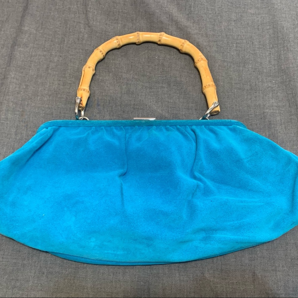 Banana Republic Blue Suede Clutch, Bamboo Handle
